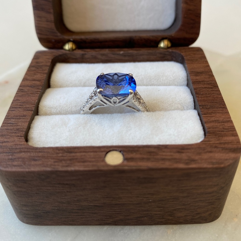 ZALES Cushion-Cut Royal BLUE and White Sapphires Ring - Picture 2 of 11